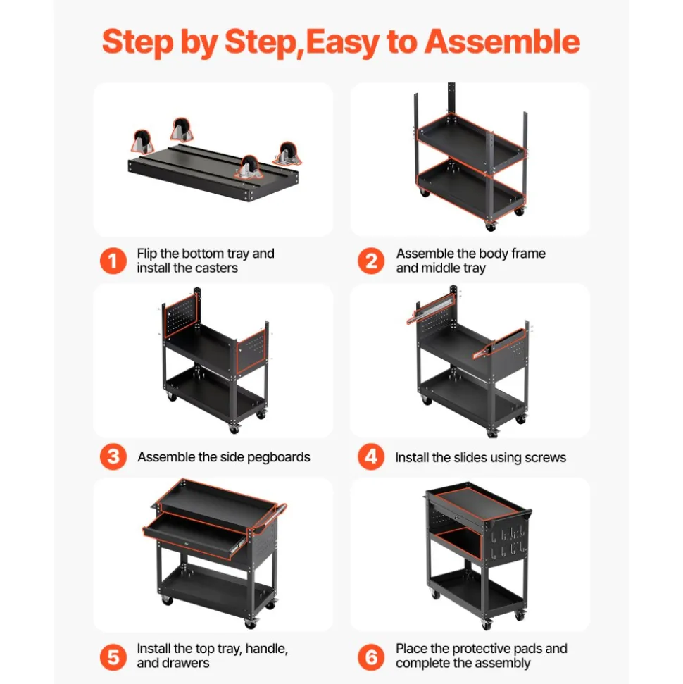 VEVOR 4-Tier Tool Cart with Wheels, 350 lbs Load Capacity, Rolling Work Cart with Drawer & Pegboard, Mechanic Tool Storage Organizer with Locking System for Garage, Warehouse and Repair Shop, Black