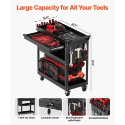 VEVOR 4-Tier Tool Cart with Wheels, 350 lbs Load Capacity, Rolling Work Cart with Drawer & Pegboard, Mechanic Tool Storage Organizer with Locking System for Garage, Warehouse and Repair Shop, Black