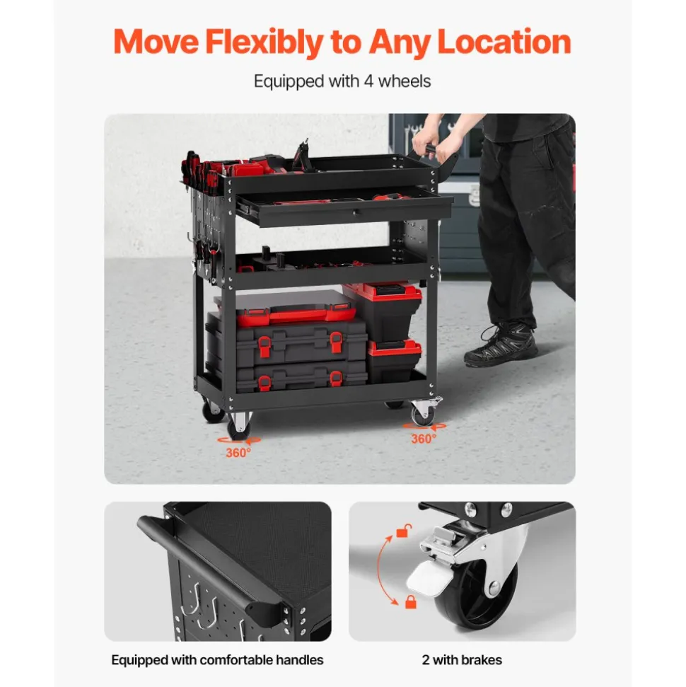 VEVOR 4-Tier Tool Cart with Wheels, 350 lbs Load Capacity, Rolling Work Cart with Drawer & Pegboard, Mechanic Tool Storage Organizer with Locking System for Garage, Warehouse and Repair Shop, Black