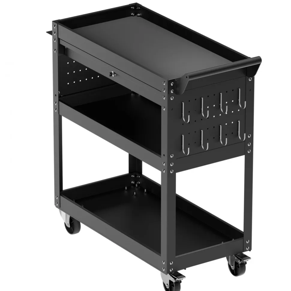 VEVOR 4-Tier Tool Cart with Wheels, 350 lbs Load Capacity, Rolling Work Cart with Drawer & Pegboard, Mechanic Tool Storage Organizer with Locking System for Garage, Warehouse and Repair Shop, Black