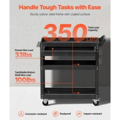 VEVOR 4-Tier Tool Cart with Wheels, 350 lbs Load Capacity, Rolling Work Cart with Drawer & Pegboard, Mechanic Tool Storage Organizer with Locking System for Garage, Warehouse and Repair Shop, Black