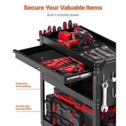 VEVOR 4-Tier Tool Cart with Wheels, 350 lbs Load Capacity, Rolling Work Cart with Drawer & Pegboard, Mechanic Tool Storage Organizer with Locking System for Garage, Warehouse and Repair Shop, Black
