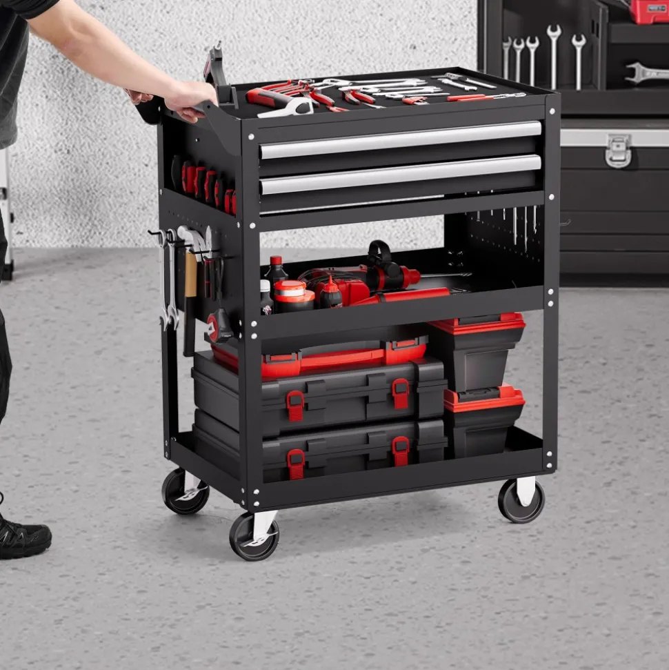 VEVOR 5-Tier Tool Cart with Wheels, 400 lbs Load Capacity, Rolling Work Cart with 2 Drawers & Pegboard, Mechanic Tool Storage Organizer with Locking System for Garage, Warehouse and Repair Shop, Black