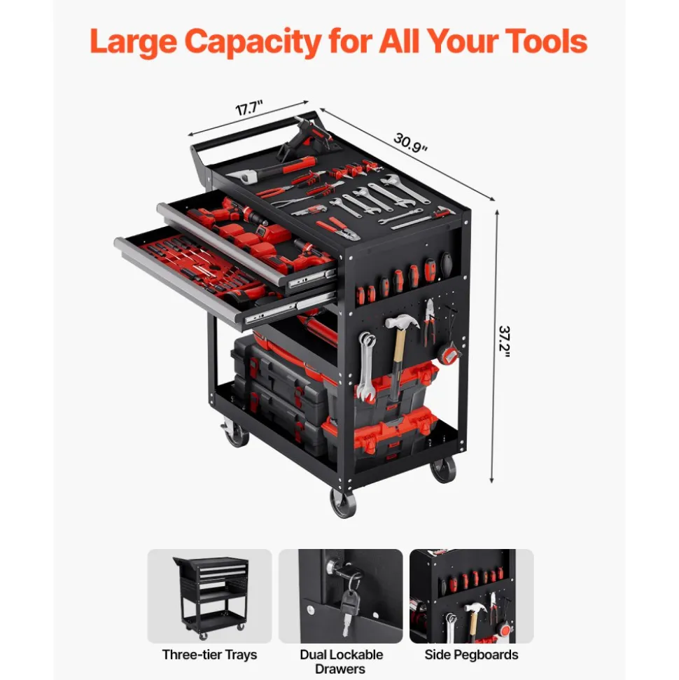 VEVOR 5-Tier Tool Cart with Wheels, 400 lbs Load Capacity, Rolling Work Cart with 2 Drawers & Pegboard, Mechanic Tool Storage Organizer with Locking System for Garage, Warehouse and Repair Shop, Black
