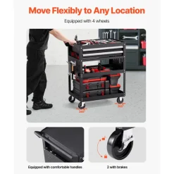 VEVOR 5-Tier Tool Cart with Wheels, 400 lbs Load Capacity, Rolling Work Cart with 2 Drawers & Pegboard, Mechanic Tool Storage Organizer with Locking System for Garage, Warehouse and Repair Shop, Black