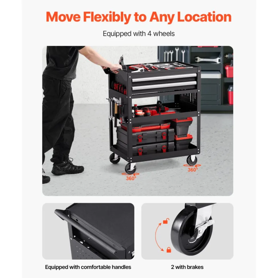 VEVOR 5-Tier Tool Cart with Wheels, 400 lbs Load Capacity, Rolling Work Cart with 2 Drawers & Pegboard, Mechanic Tool Storage Organizer with Locking System for Garage, Warehouse and Repair Shop, Black