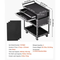 VEVOR 5-Tier Tool Cart with Wheels, 400 lbs Load Capacity, Rolling Work Cart with 2 Drawers & Pegboard, Mechanic Tool Storage Organizer with Locking System for Garage, Warehouse and Repair Shop, Black