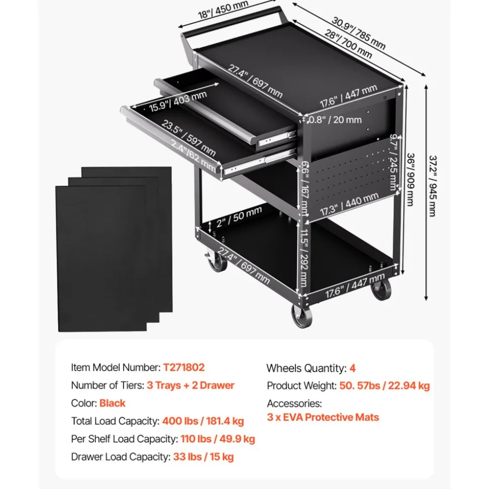 VEVOR 5-Tier Tool Cart with Wheels, 400 lbs Load Capacity, Rolling Work Cart with 2 Drawers & Pegboard, Mechanic Tool Storage Organizer with Locking System for Garage, Warehouse and Repair Shop, Black