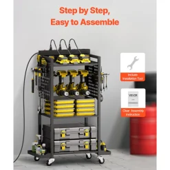 VEVOR 4-tier Tool Organizer Cart with Charging Station, 8 AC Outlet, Floor Stand Rolling Drill Holder and Tool Battery Storage Rack on Wheels, Garage Floor Rolling Storage Cart for Workshop, Garage