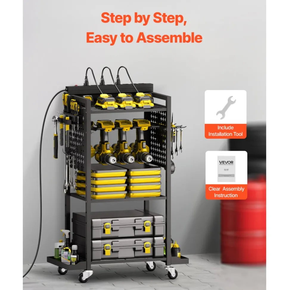 VEVOR 4-tier Tool Organizer Cart with Charging Station, 8 AC Outlet, Floor Stand Rolling Drill Holder and Tool Battery Storage Rack on Wheels, Garage Floor Rolling Storage Cart for Workshop, Garage