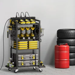 VEVOR 4-tier Tool Organizer Cart with Charging Station, 8 AC Outlet, Floor Stand Rolling Drill Holder and Tool Battery Storage Rack on Wheels, Garage Floor Rolling Storage Cart for Workshop, Garage