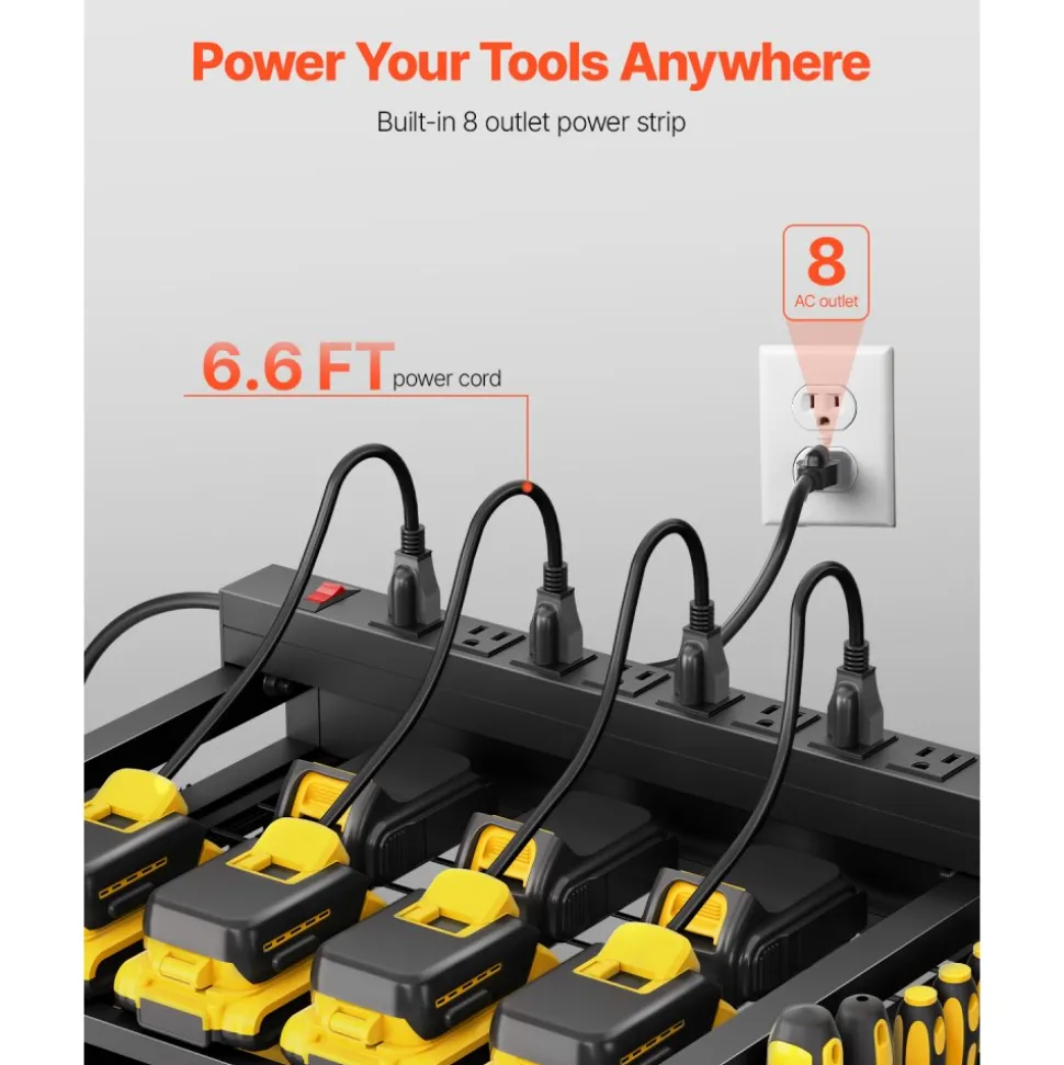 VEVOR 4-tier Tool Organizer Cart with Charging Station, 8 AC Outlet, Floor Stand Rolling Drill Holder and Tool Battery Storage Rack on Wheels, Garage Floor Rolling Storage Cart for Workshop, Garage