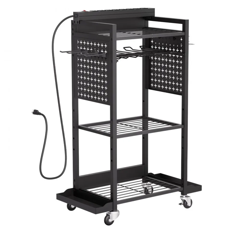 VEVOR 4-tier Tool Organizer Cart with Charging Station, 8 AC Outlet, Floor Stand Rolling Drill Holder and Tool Battery Storage Rack on Wheels, Garage Floor Rolling Storage Cart for Workshop, Garage