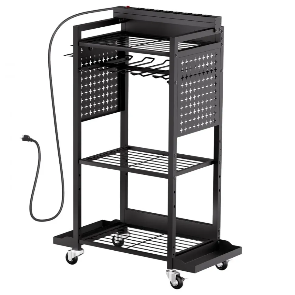 VEVOR 4-tier Tool Organizer Cart with Charging Station, 8 AC Outlet, Floor Stand Rolling Drill Holder and Tool Battery Storage Rack on Wheels, Garage Floor Rolling Storage Cart for Workshop, Garage