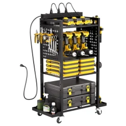 VEVOR 4-tier Tool Organizer Cart with Charging Station, 8 AC Outlet, Floor Stand Rolling Drill Holder and Tool Battery Storage Rack on Wheels, Garage Floor Rolling Storage Cart for Workshop, Garage