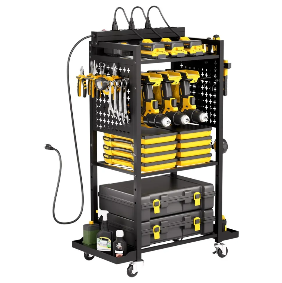 VEVOR 4-tier Tool Organizer Cart with Charging Station, 8 AC Outlet, Floor Stand Rolling Drill Holder and Tool Battery Storage Rack on Wheels, Garage Floor Rolling Storage Cart for Workshop, Garage