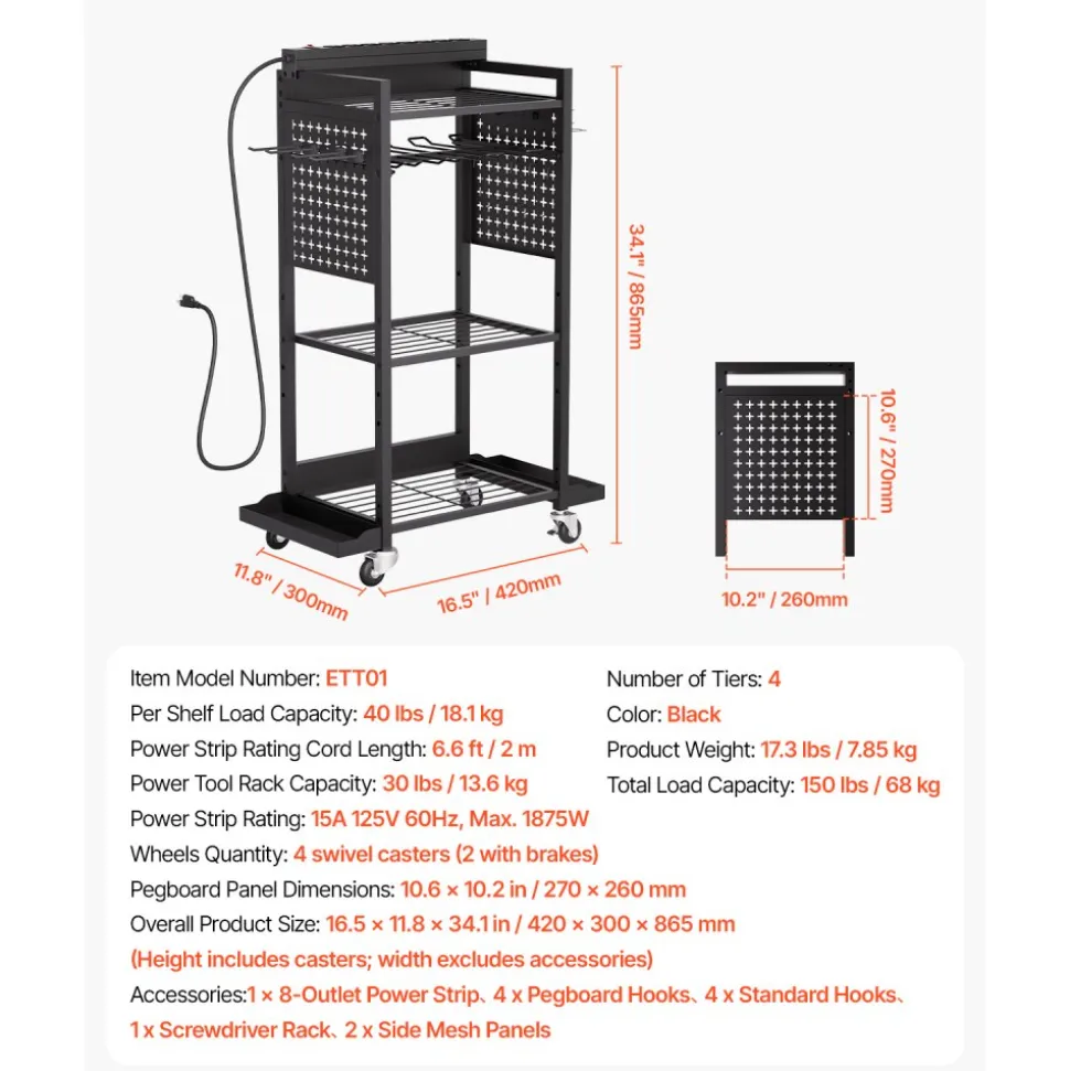 VEVOR 4-tier Tool Organizer Cart with Charging Station, 8 AC Outlet, Floor Stand Rolling Drill Holder and Tool Battery Storage Rack on Wheels, Garage Floor Rolling Storage Cart for Workshop, Garage