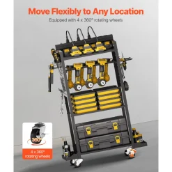 VEVOR 4-tier Tool Organizer Cart with Charging Station, 8 AC Outlet, Floor Stand Rolling Drill Holder and Tool Battery Storage Rack on Wheels, Garage Floor Rolling Storage Cart for Workshop, Garage