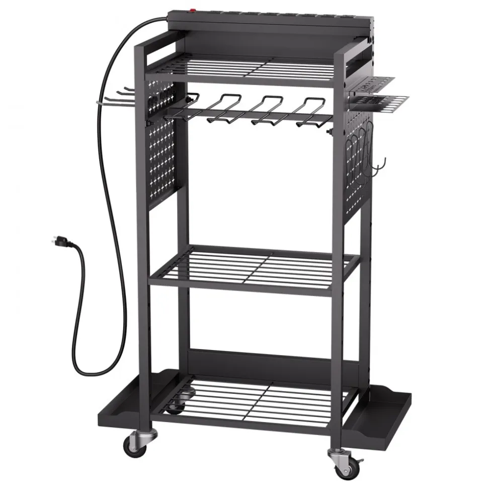 VEVOR 4-tier Tool Organizer Cart with Charging Station, 8 AC Outlet, Floor Stand Rolling Drill Holder and Tool Battery Storage Rack on Wheels, Garage Floor Rolling Storage Cart for Workshop, Garage