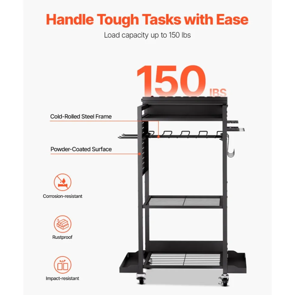 VEVOR 4-tier Tool Organizer Cart with Charging Station, 8 AC Outlet, Floor Stand Rolling Drill Holder and Tool Battery Storage Rack on Wheels, Garage Floor Rolling Storage Cart for Workshop, Garage