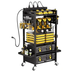 VEVOR 5-tier Tool Organizer Cart with Charging Station, 8 AC Outlet, Floor Stand Rolling Drill Holder and Tool Battery Storage Rack on Wheels, Garage Floor Rolling Storage Cart for Workshop, Garage