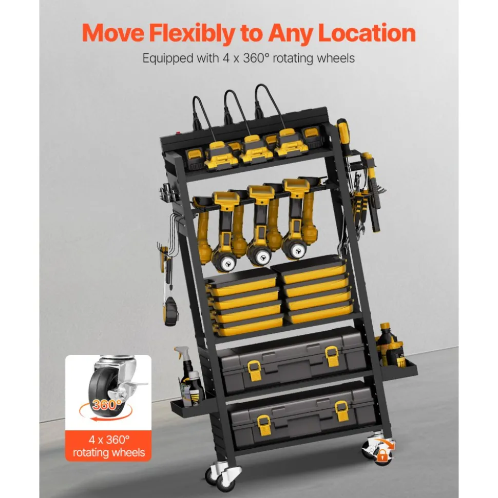 VEVOR 5-tier Tool Organizer Cart with Charging Station, 8 AC Outlet, Floor Stand Rolling Drill Holder and Tool Battery Storage Rack on Wheels, Garage Floor Rolling Storage Cart for Workshop, Garage