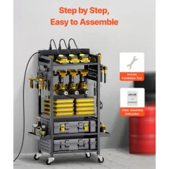VEVOR 5-tier Tool Organizer Cart with Charging Station, 8 AC Outlet, Floor Stand Rolling Drill Holder and Tool Battery Storage Rack on Wheels, Garage Floor Rolling Storage Cart for Workshop, Garage
