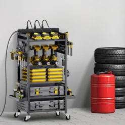 VEVOR 5-tier Tool Organizer Cart with Charging Station, 8 AC Outlet, Floor Stand Rolling Drill Holder and Tool Battery Storage Rack on Wheels, Garage Floor Rolling Storage Cart for Workshop, Garage