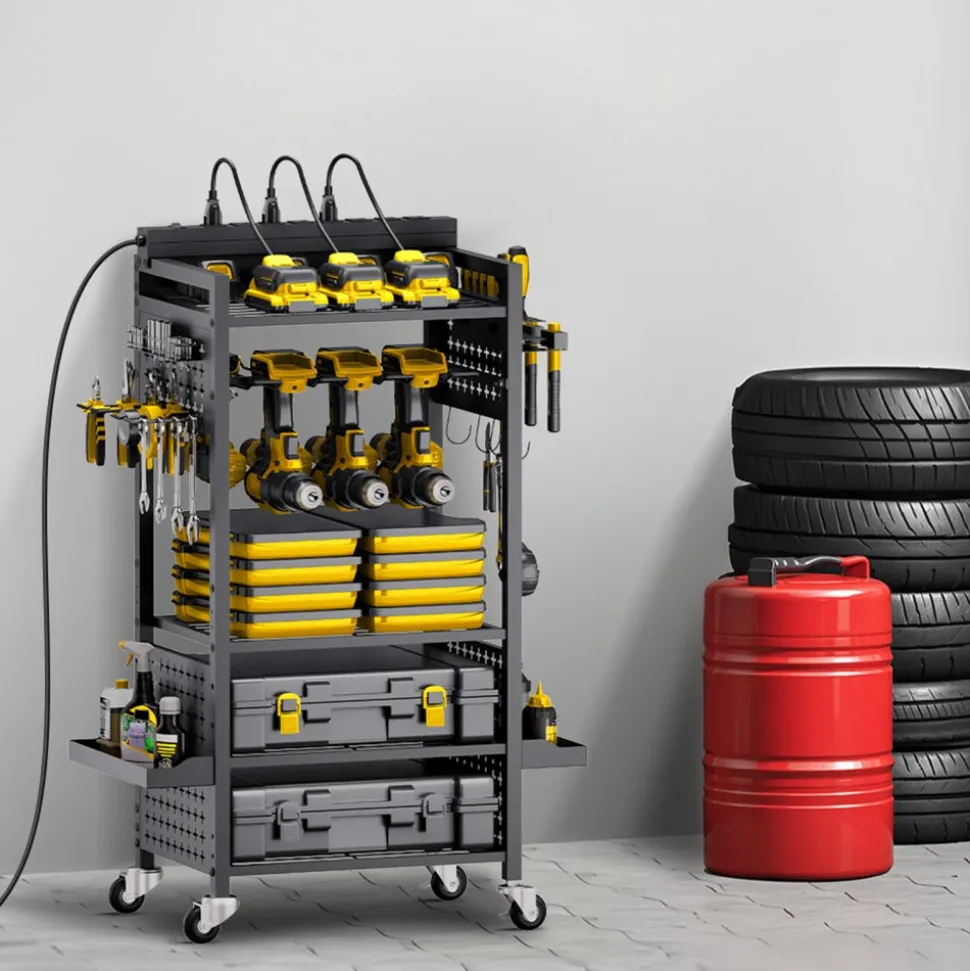VEVOR 5-tier Tool Organizer Cart with Charging Station, 8 AC Outlet, Floor Stand Rolling Drill Holder and Tool Battery Storage Rack on Wheels, Garage Floor Rolling Storage Cart for Workshop, Garage