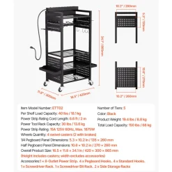 VEVOR 5-tier Tool Organizer Cart with Charging Station, 8 AC Outlet, Floor Stand Rolling Drill Holder and Tool Battery Storage Rack on Wheels, Garage Floor Rolling Storage Cart for Workshop, Garage