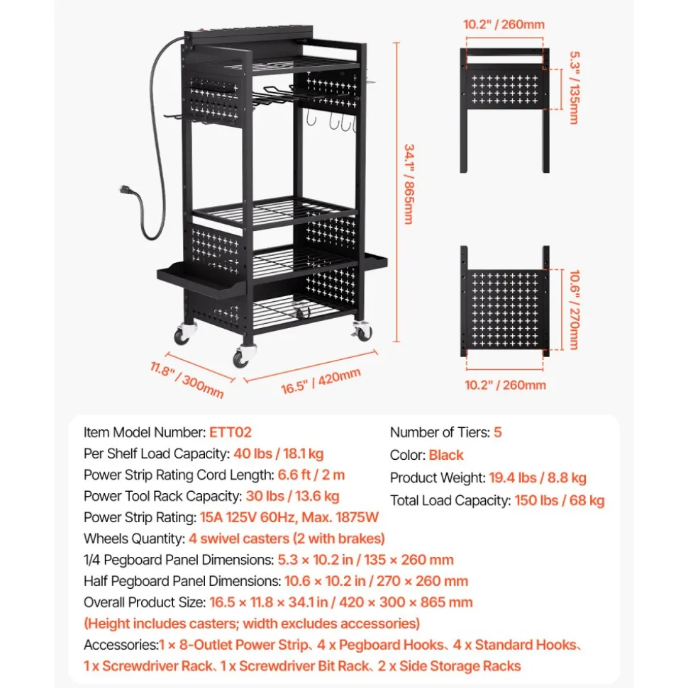 VEVOR 5-tier Tool Organizer Cart with Charging Station, 8 AC Outlet, Floor Stand Rolling Drill Holder and Tool Battery Storage Rack on Wheels, Garage Floor Rolling Storage Cart for Workshop, Garage