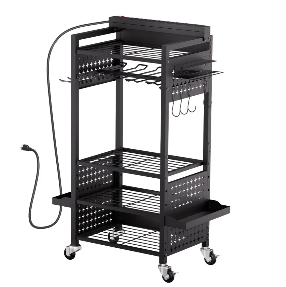 VEVOR 5-tier Tool Organizer Cart with Charging Station, 8 AC Outlet, Floor Stand Rolling Drill Holder and Tool Battery Storage Rack on Wheels, Garage Floor Rolling Storage Cart for Workshop, Garage