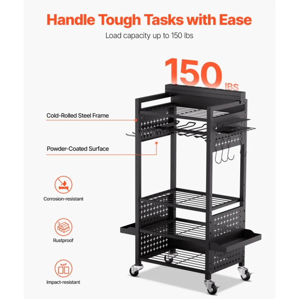 VEVOR 5-tier Tool Organizer Cart with Charging Station, 8 AC Outlet, Floor Stand Rolling Drill Holder and Tool Battery Storage Rack on Wheels, Garage Floor Rolling Storage Cart for Workshop, Garage