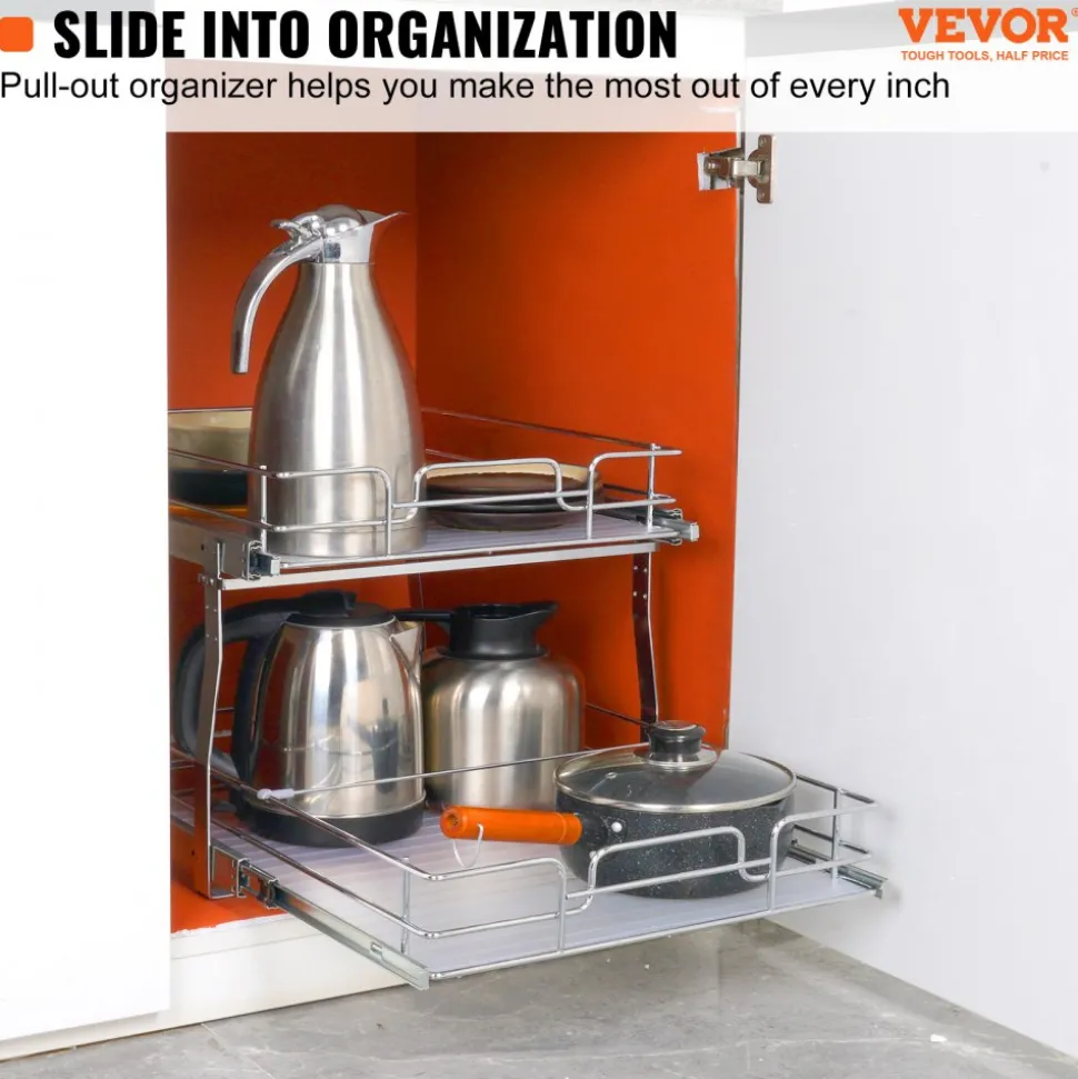 VEVOR 2 Tier 20"Wx21"Dx15"H Pull Out Cabinet Organizer, Heavy Duty Slide Out Pantry Shelves, Steel Roll Out Drawers, Sliding Drawer Storage for Home, 21.5"Wx22"Dx18"H Install Size for Cabinet