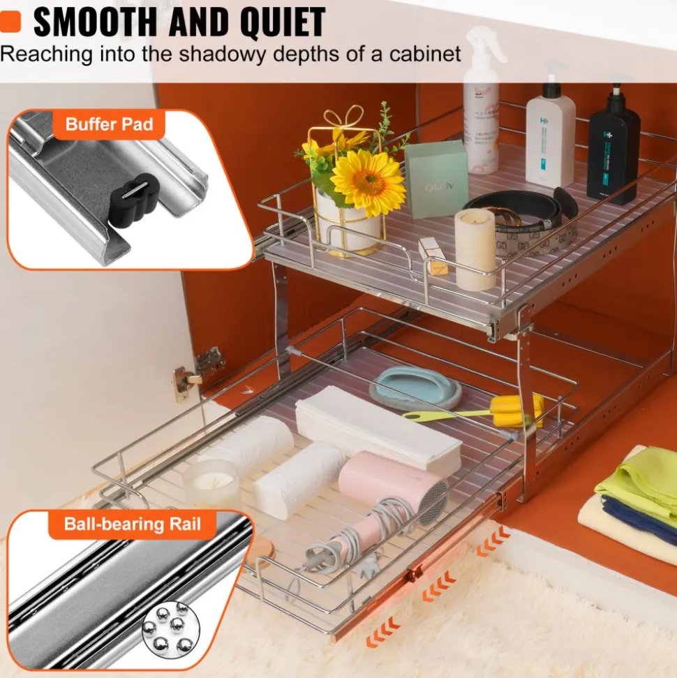 VEVOR 2 Tier 20"Wx21"Dx15"H Pull Out Cabinet Organizer, Heavy Duty Slide Out Pantry Shelves, Steel Roll Out Drawers, Sliding Drawer Storage for Home, 21.5"Wx22"Dx18"H Install Size for Cabinet