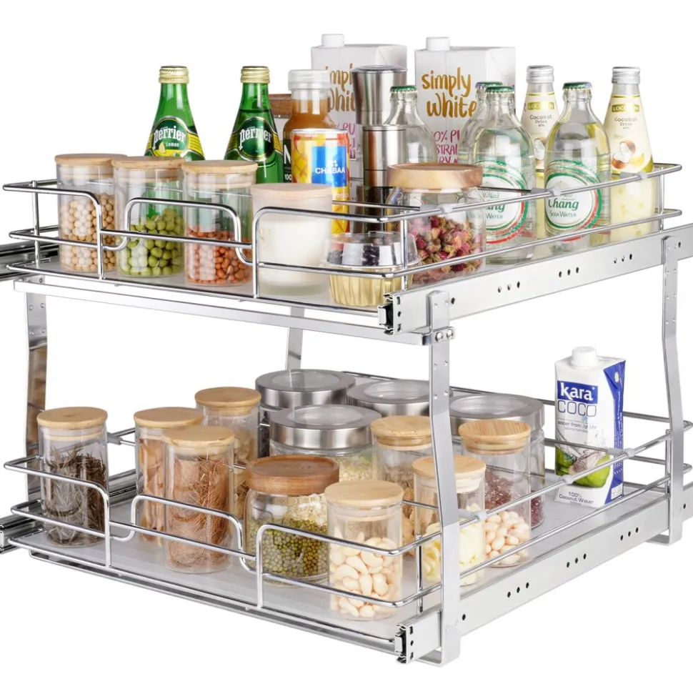 VEVOR 2 Tier 20"Wx21"Dx15"H Pull Out Cabinet Organizer, Heavy Duty Slide Out Pantry Shelves, Steel Roll Out Drawers, Sliding Drawer Storage for Home, 21.5"Wx22"Dx18"H Install Size for Cabinet