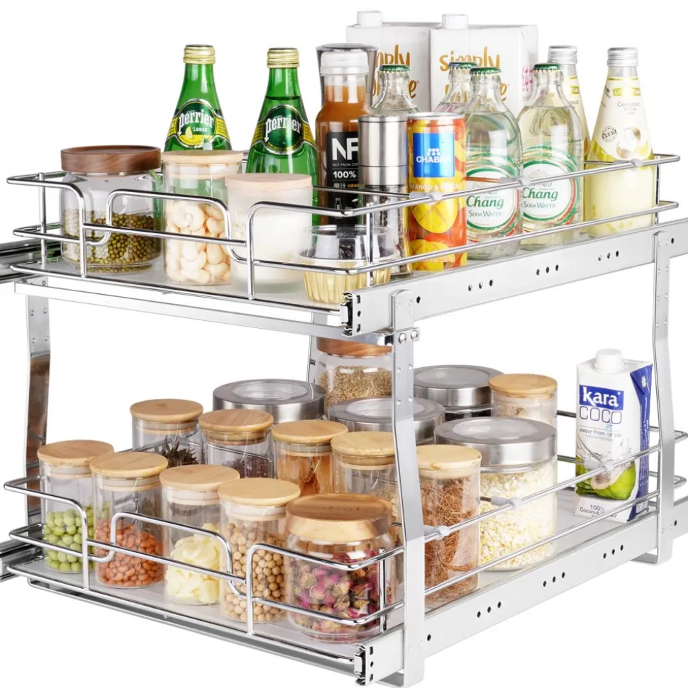 VEVOR 2 Tier 17"Wx21"Dx15"H Pull Out Cabinet Organizer, Heavy Duty Slide Out Pantry Shelves, Steel Roll Out Drawers, Sliding Drawer Storage for Home, 18.5"Wx22"Dx18"H Install Size for Cabinet