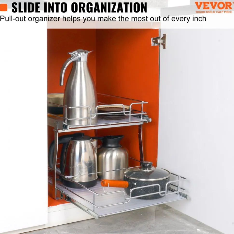 VEVOR 2 Tier 17"Wx21"Dx15"H Pull Out Cabinet Organizer, Heavy Duty Slide Out Pantry Shelves, Steel Roll Out Drawers, Sliding Drawer Storage for Home, 18.5"Wx22"Dx18"H Install Size for Cabinet