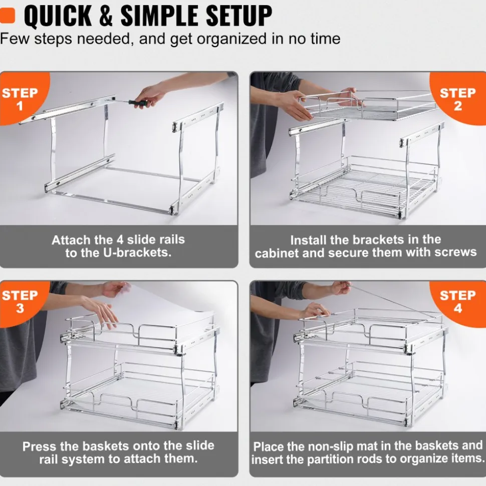 VEVOR 2 Tier 17"Wx21"Dx15"H Pull Out Cabinet Organizer, Heavy Duty Slide Out Pantry Shelves, Steel Roll Out Drawers, Sliding Drawer Storage for Home, 18.5"Wx22"Dx18"H Install Size for Cabinet