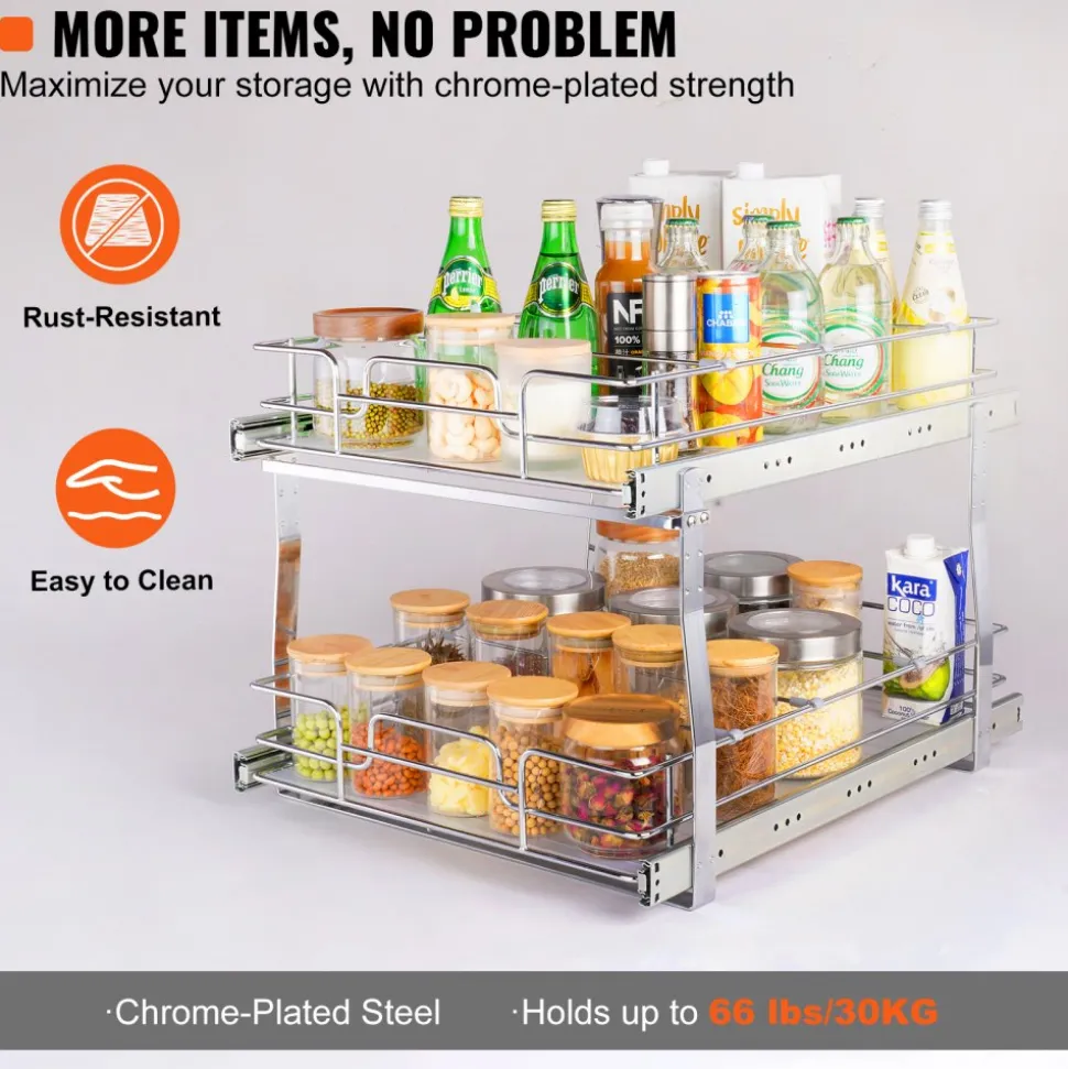 VEVOR 2 Tier 17"Wx21"Dx15"H Pull Out Cabinet Organizer, Heavy Duty Slide Out Pantry Shelves, Steel Roll Out Drawers, Sliding Drawer Storage for Home, 18.5"Wx22"Dx18"H Install Size for Cabinet