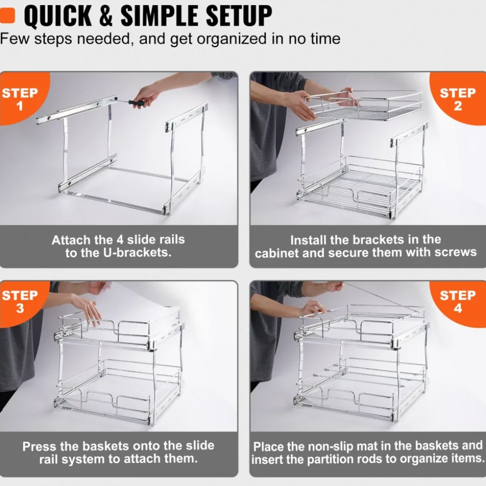 VEVOR 2 Tier 14"Wx21"Dx15"H Pull Out Cabinet Organizer, Heavy Duty Slide Out Pantry Shelves, Steel Roll Out Drawers, Sliding Drawer Storage for Home, 15.5"Wx22"Dx18"H Install Size for Cabinet