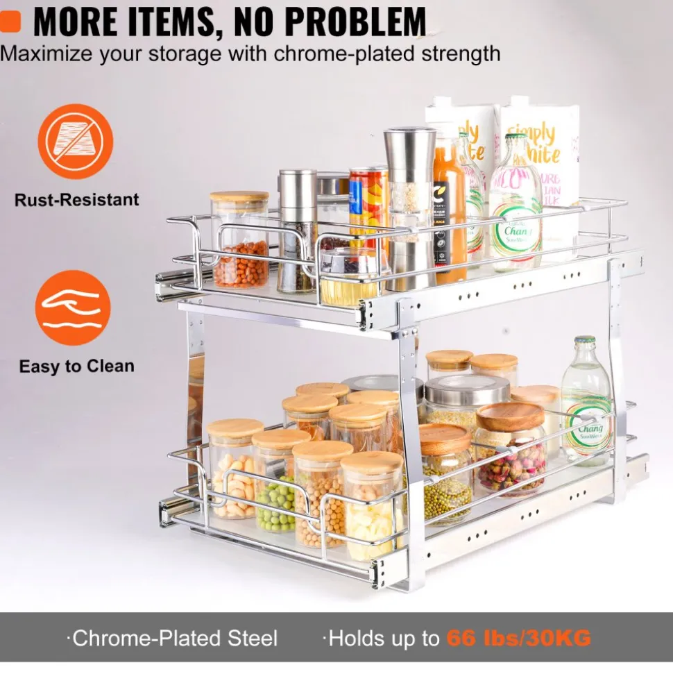 VEVOR 2 Tier 14"Wx21"Dx15"H Pull Out Cabinet Organizer, Heavy Duty Slide Out Pantry Shelves, Steel Roll Out Drawers, Sliding Drawer Storage for Home, 15.5"Wx22"Dx18"H Install Size for Cabinet