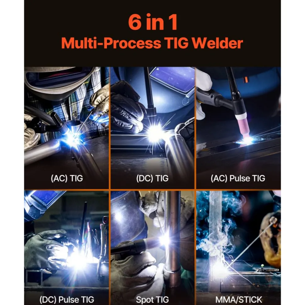 VEVOR TIG Welder, 200A 6-In-1 Aluminum Welding Machine (LED Display) - AC TIG/DC TIG/AC Pulse TIG/DC Pulse TIG/Spot TIG/MMA(Stick), 110&220V Dual Voltage Electric Welder with Synergic Control IGBT