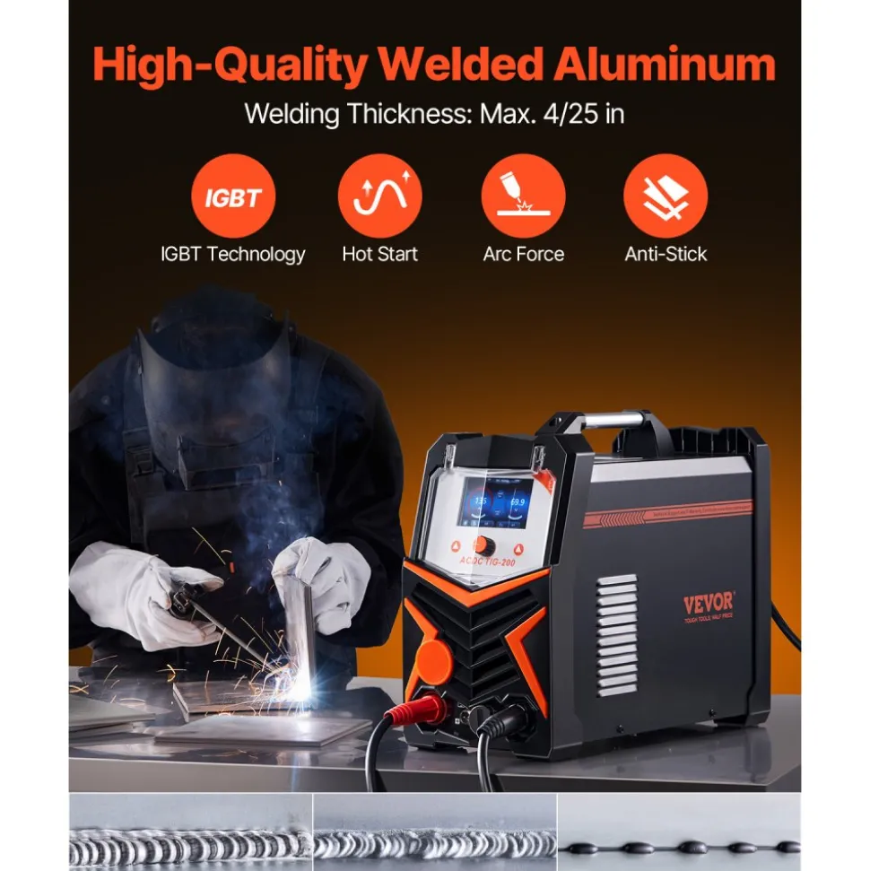 VEVOR TIG Welder, 200A 6-In-1 Aluminum Welding Machine (LED Display) - AC TIG/DC TIG/AC Pulse TIG/DC Pulse TIG/Spot TIG/MMA(Stick), 110&220V Dual Voltage Electric Welder with Synergic Control IGBT