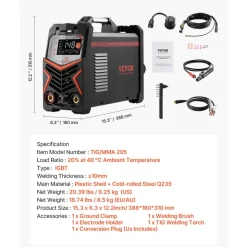 VEVOR TIG Welder, 205A 3-In-1 Welding Machine (Large LED Display)- DC TIG/DC Pulse TIG/MMA(Stick), 110&220V Dual Voltage Electric Welder with IGBT Inverter High-Frequency Start