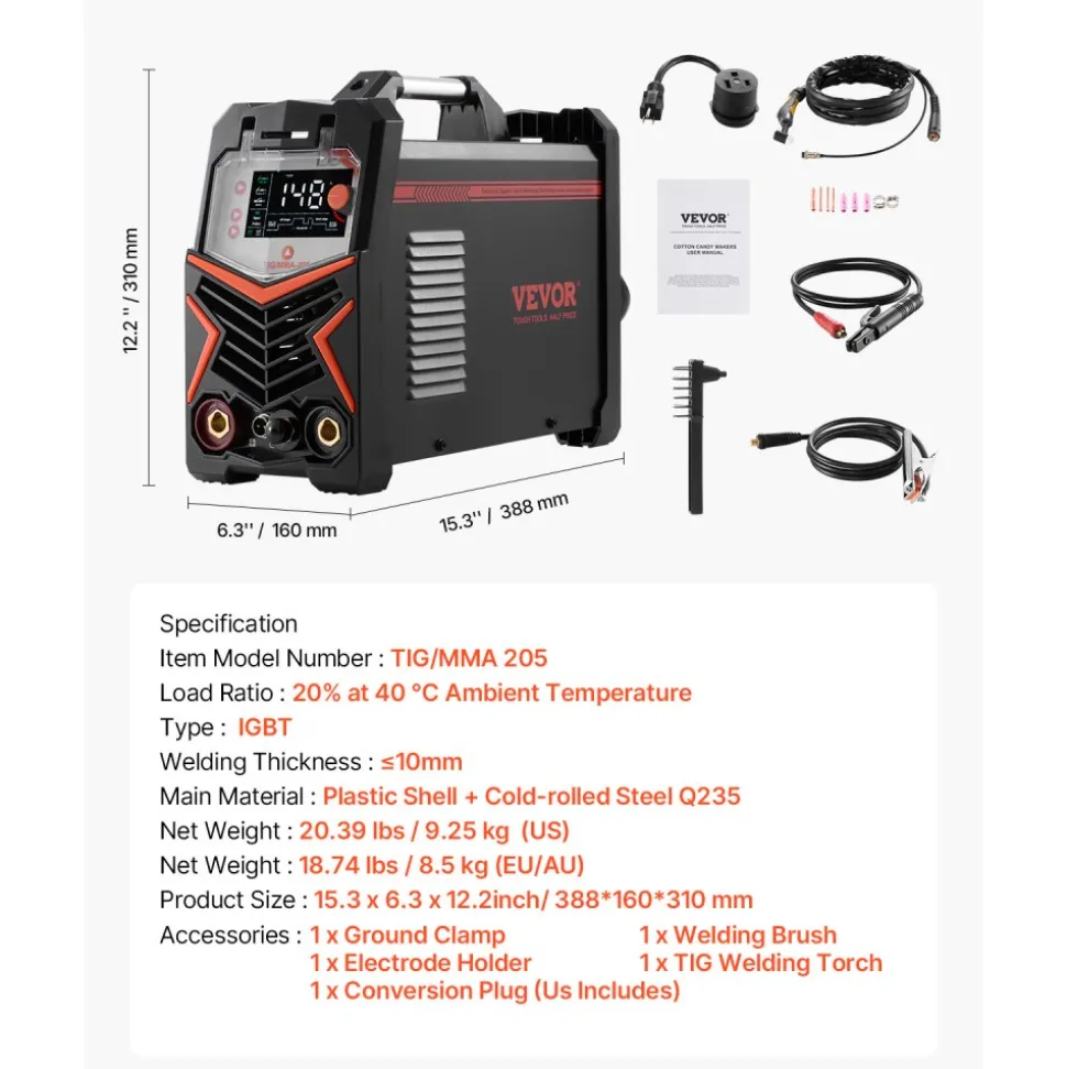 VEVOR TIG Welder, 205A 3-In-1 Welding Machine (Large LED Display)- DC TIG/DC Pulse TIG/MMA(Stick), 110&220V Dual Voltage Electric Welder with IGBT Inverter High-Frequency Start