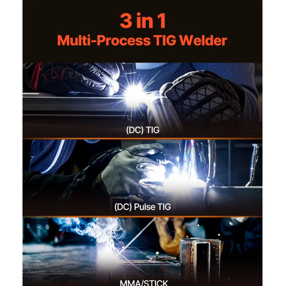 VEVOR TIG Welder, 205A 3-In-1 Welding Machine (Large LED Display)- DC TIG/DC Pulse TIG/MMA(Stick), 110&220V Dual Voltage Electric Welder with IGBT Inverter High-Frequency Start