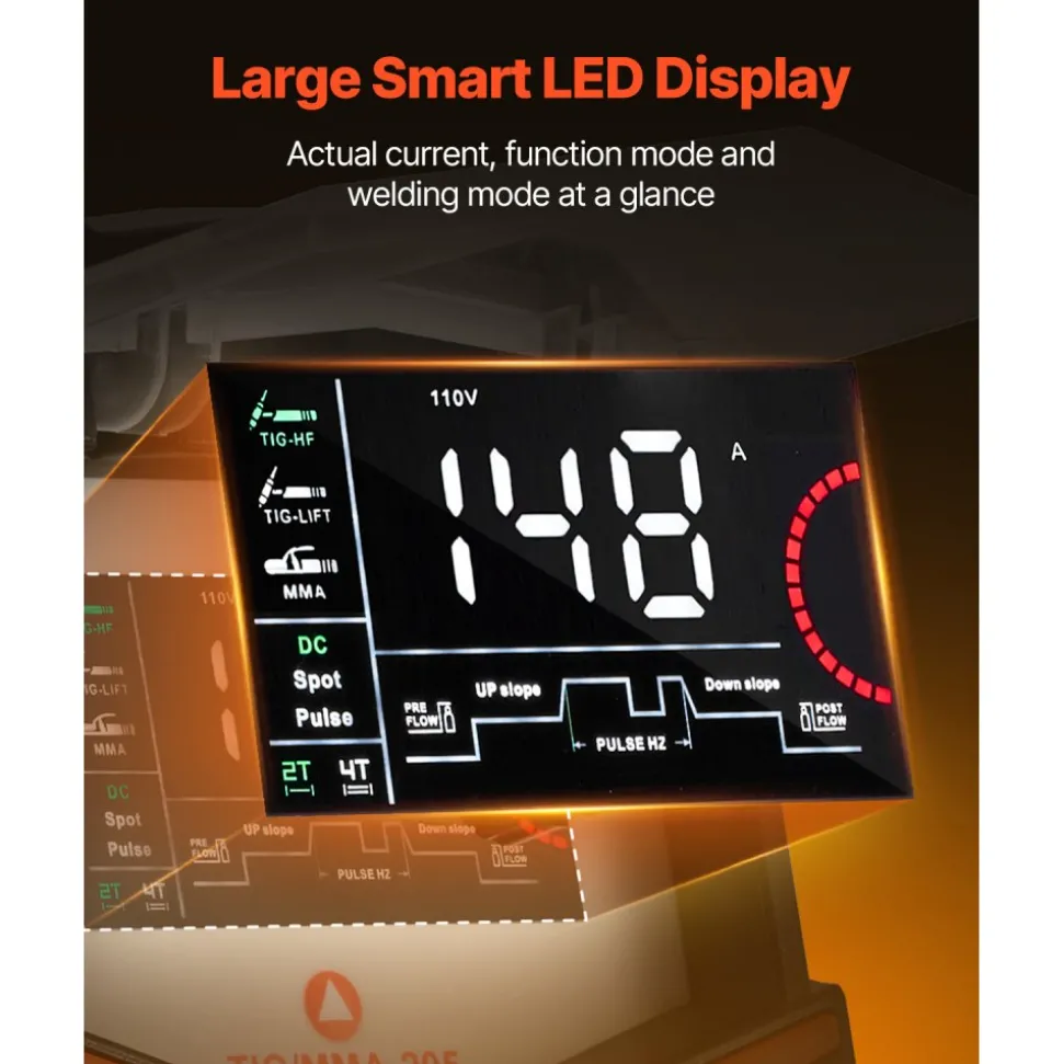 VEVOR TIG Welder, 205A 3-In-1 Welding Machine (Large LED Display)- DC TIG/DC Pulse TIG/MMA(Stick), 110&220V Dual Voltage Electric Welder with IGBT Inverter High-Frequency Start