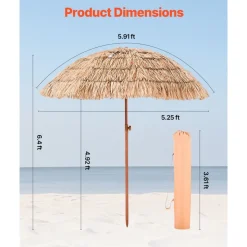 VEVOR Tiki Umbrella, 6 ft Thatched Patio Umbrella with Tilt, Hawaiian Style Beach Parasol with Durable PP Thatch and 8 Metal Ribs, Grass Pool Umbrellas for Beach, Patio, Poolside, Backyard & Garden
