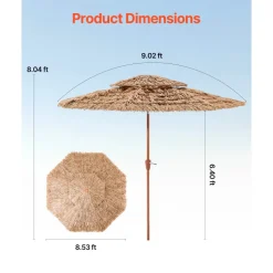 VEVOR Tiki Umbrella, 9 ft Thatched Patio Umbrella with Tilt, 2-Tier Hawaiian Style Beach Parasol with PP Thatch and 8 Metal Ribs, Grass Pool Umbrellas for Beach, Patio, Poolside, Backyard & Garden